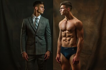 Photos before and after. A man in a formal suit and a man in underpants. Stylish man dressed and undressed