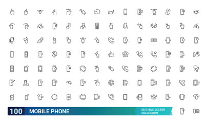 Wall Mural - Mobile Phone and Smartphone icon set. Collection and pack of linear web and ui icons. Editable stroke. Vector illustration.