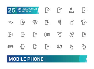 Wall Mural - Mobile Phone and Smartphone icon set. Collection and pack of linear web and ui icons. Editable stroke. Vector illustration.