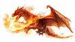 © Srisa - A fiery dragon exhaling flames with its sharp claws extended, isolated on a white background to capture its fierce and elemental nature.