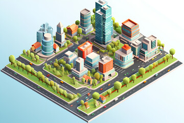 Megapolis 3d isometric three-dimensional view of the city. Collection of houses, skyscrapers, buildings, built and supermarkets with streets and traffic. The stock vector