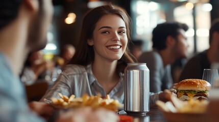 A lively restaurant scene with people enjoying delicious food, smiling and having fun during lunch. A model of an empty white aluminum soda can of 330 ml is seen on the table.