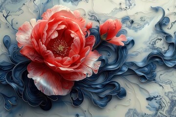 Wall Mural - Red Flower on Blue Swirls