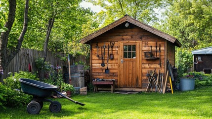 Backyard with a wooden shed, garden tools, and a wheelbarrow. Ideal for home improvement and DIY enthusiasts.