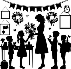 black and white vector silhouette image of schoolchildren and teacher on Teacher's Day