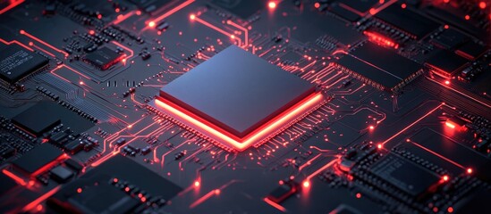 Microchip design featuring a central processing unit illustrating a country s outline on a dark background symbolizing technological advancement