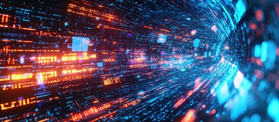 Futuristic high tech illustration showcasing data transmission in a virtual environment Features a science and technology background with matrix and binary code elements Visualization of big data