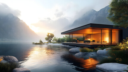 Sticker - Modern home with mountain view at sunset.