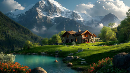 Sticker - Mountain home by a lake, stunning scenery.