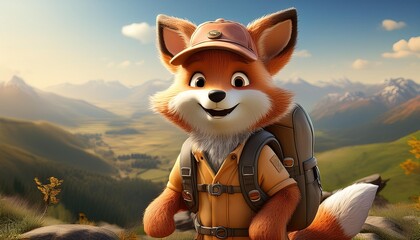 Wall Mural -  a 3D animated fox wearing a small backpack and a hat, looking adventurous