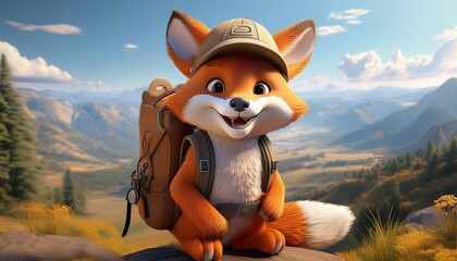 Wall Mural - a 3D animated fox wearing a small backpack and a hat, looking adventurous