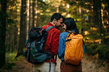 Wall Mural - Happy couple holding hands while hiking together in mountains with backpacks