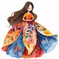 Watercolor painting of a charming cartoon princess in a vibrant gown, on isolated white backgrounnd