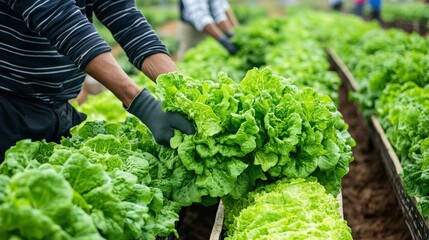 A person is picking lettuce in a field. The lettuce is green and fresh