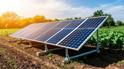 A solar panel is on a field of crops. The solar panel is a large, square, black and blue structure