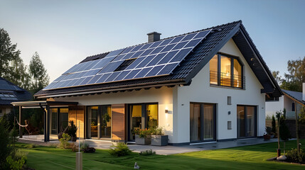 Wall Mural - Modern House with Solar Panels on Roof - Photo