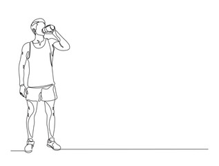 Wall Mural - Continuous one line drawing of man drinking water from the bottle. Drinking water simple line illustration. Healthy lifestyle concept.