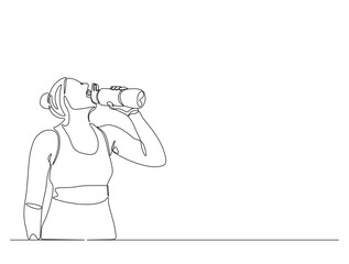 Wall Mural - Continuous one line drawing of woman drinking water from the bottle. Drinking water simple line illustration. Healthy lifestyle concept.