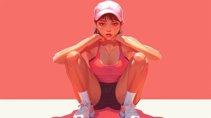 Illustrated woman in sporty attire sitting on the ground, wearing a pink cap and activewear, against a solid pink background.