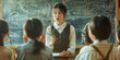 © Aigo labs - A young female teacher stands in front of a blackboard giving a lesson to a group of students in a classroom.