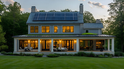 Canvas Print - Modern farmhouse with solar panels and porch at dusk.