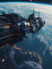 Wall Mural - imagery of orbiting space station around earth in 3d with superior digital space graphics in good qu