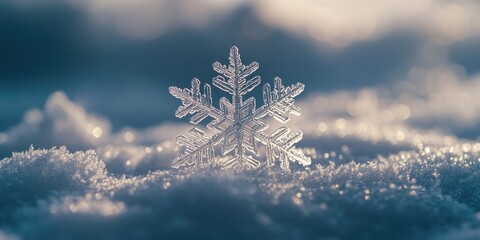 Wall Mural - Close-up snowflake on snowy ground