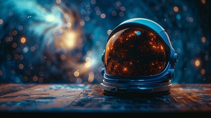 Astronaut helmet on a space station table, with ample room for adding text or graphics in the background.