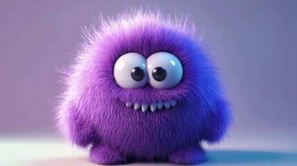 Wall Mural - Cute violet or purple furry monster 3D cartoon character