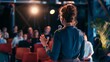 © ckybe - A woman presenting at a business seminar with unidentified attendees at a conference center for a commerce and business gathering.