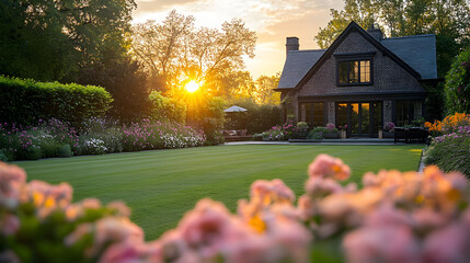 Wall Mural - Sunset view of a manicured lawn and house.