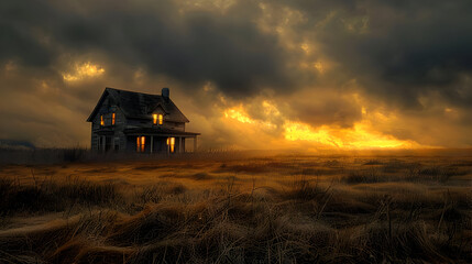 Canvas Print - Lonely House in a Field at Sunset - Realistic Image