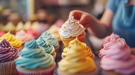 A closeup of a table full of colorful and decorated cupcakes. A baker is in the background, putting the finishing touches on the last cupcake.