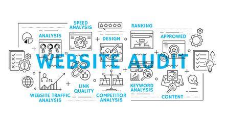 Aufkleber - Web audit line icons of website analytics, content optimization and web performance, vector background. Web audit line pictograms of competitor analysis and ranking with website traffic or SEO content