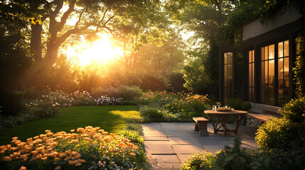 Canvas Print - Garden Patio Illustration with Golden Sunset