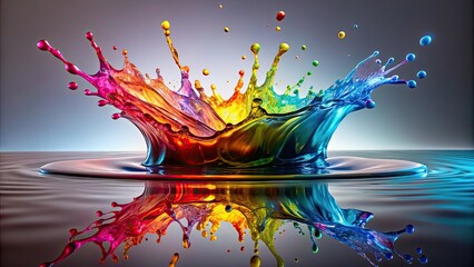 Wall Mural - Explosive colorful liquid splash over reflective surface , explosion, burst, vibrant, colorful, liquid, splash, reflection