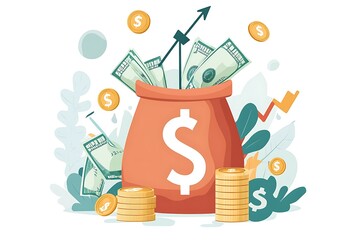 Wall Mural - Dollar stack pile coins and money bag with arrow up. Return on investment ROI concept. 