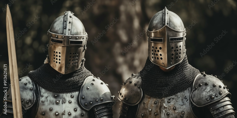 Medieval Knights in Full Armor Standing Side by Side in Forest ...