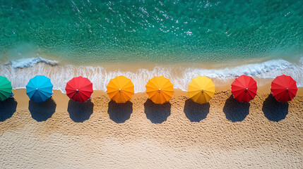 Aerial view of colorful beach umbrellas lining a sandy shore near a turquoise ocean, perfect for summer and vacation concepts.