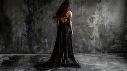 Wall Mural - woman from behind, long brown hair, dressed in a long black silk slip dress, standing on a dark gray concrete floor with her feet covered by the dress