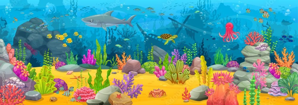 Game map, cartoon underwater landscape with sunken ship, sea animals ...