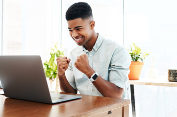 Sticker - African man, celebration and laptop in office with smile for success, goals or notification for promotion. Person, computer and happy with cheers, winning and fist for increase with bonus for salary