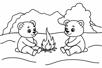  Coloring pages for kids, 2 cute baby bears, bonfire on a sandy beach, vector illustration