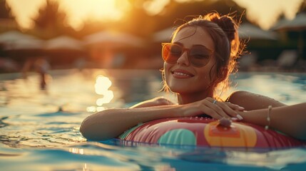 Wall Mural - Summer Relaxation: Brunette woman floating on a colorful raft in pool, relaxed and happy, with sunlight reflecting off the water.