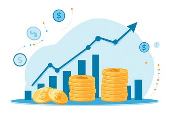 Wall Mural - Golden dollar coins stack, money bag with arrow up. Finance performance of return on investment ROI concept with arrow.