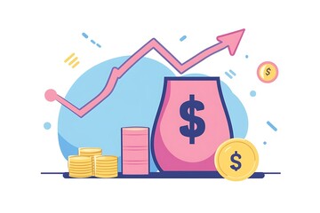 Wall Mural - Business investment concept in flat style. Money, coins, profits, graph icons are suitable for many purposes. 