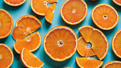 Orange slices on a blue background, top view