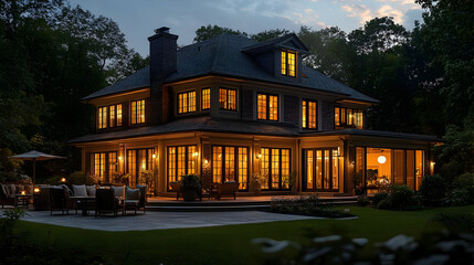 Sticker - Luxurious house with warm lighting and patio at dusk.