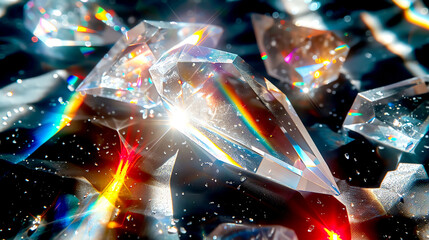 Crystal-clear capture of light refraction through crystal, prismatic effect, black background 