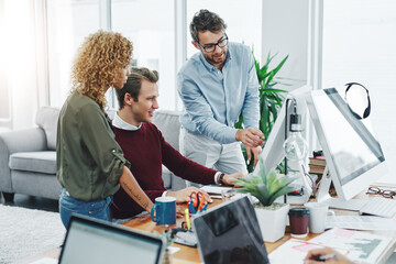 Aufkleber - Business people, cooperation and computer for web design, coaching and brainstorming for proposal. Group, employees and coworking with email, planning or pc for project, meeting or online reading